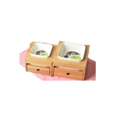 New design bamboo bowl feeder cat with storage drawer