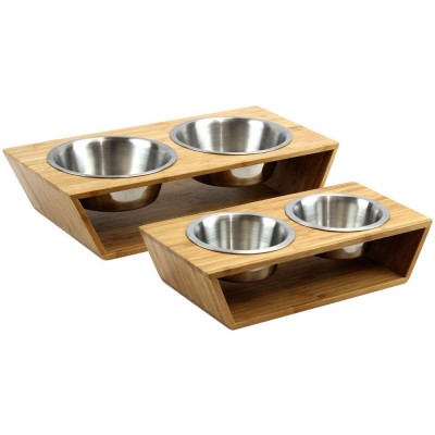 Eco-friendly Bamboo Pet Feeder with 2 Stainless Steel Bowls for Dog and Cat