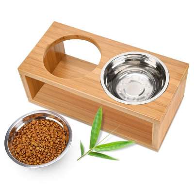 Adjustable Raised Bamboo Pet Dog Feeder