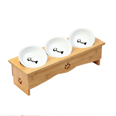 Bamboo Wooden Pets Cat Feeder with 3 Ceramics Bowls Pet Server