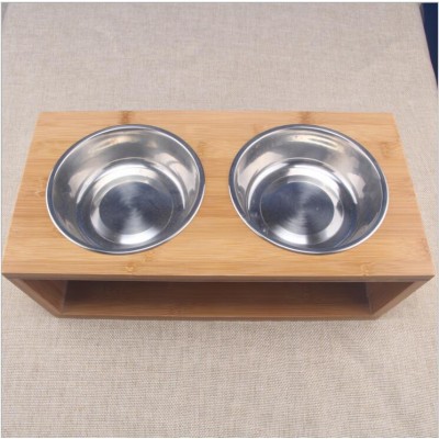 Bamboo Dog Feeder with 2 Stainless Steel Bowls