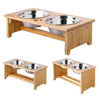 Factory Direct Bamboo Elevated Dog Cat Food Feeder with 2 piece Stainless Steel Bowls