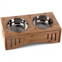 Raised Dog Bowls Stand Feeder Adjustable Feeding Bowl Station Bamboo Feeder Stainless Steel Bowls