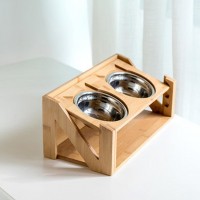 Small Raised Pet Bowls Stand Feeder Adjustable Feeding Bowl Station Bamboo Feeder 2 Bowls Stand