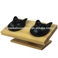 Bamboo 15 Degree Tilted Platform Pet Feeder with Ceramic Bowls