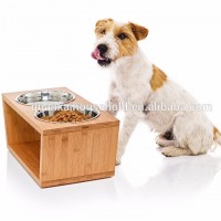 7" Tall Bamboo Dog and Cat Pet Feeder Double Bowl Raised Stand